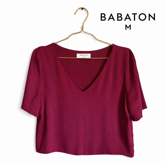 Aritizia Babaton Women's Randy Blouse Burgundy V Neck Short Sleeve Top Size M - Picture 1 of 7